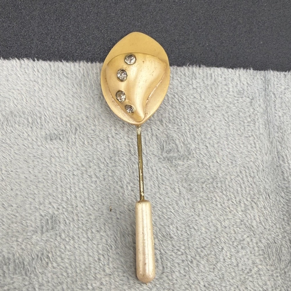 Vintage Estate Stick Pin Gold Tone Celluloid Rhinestone Cream